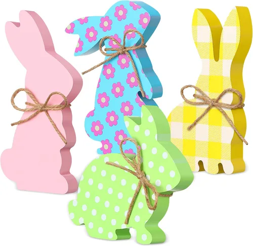 Vista 10 de 4 piezas de decoración de mesa de conejo de Pascua, letreros de madera con cuerda, decoración de conejo de primavera, decoración de bandeja