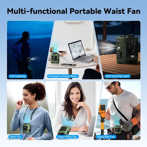 Vista 6 de Ventilador portátil con clip de cintura de 12000 mAh recargable, 6 velocidades 16000 RPM, ventiladores personales de flujo de aire fuerte con tiempo