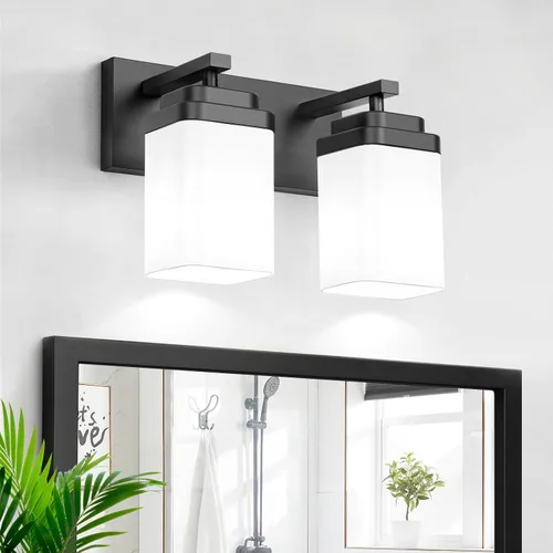 Vista 36 de Lámparas blancas para baño, 2 luces de baño, accesorios de iluminación sobre el espejo, diseño cuadrado y placa trasera grande rectangular