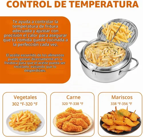Vista 3 de Olla de 8.2 pulgadas de profundidad con cesta coladora y termómetro, olla profunda de acero inoxidable con asa, mini freidora de aceite