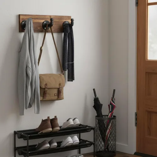 Vista 2 de MyGift Perchero de pared de madera quemada y perchero para sombreros con diseño de accesorio de tubería de 3 ganchos