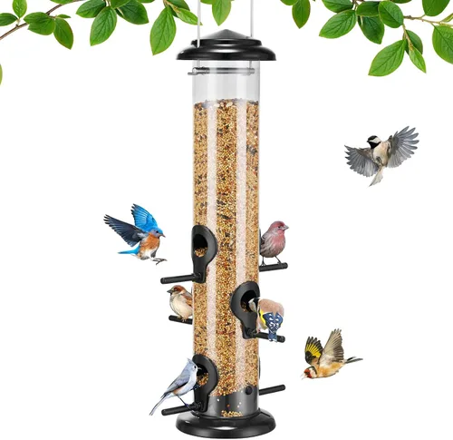 Vista 9 de Kingsyard Comederos Metálicos para Pájaros para Exteriores Colgantes, Comedero de Tubo para Pájaros con 6 Puertos de Alimentación, 15 Pulgadas, A