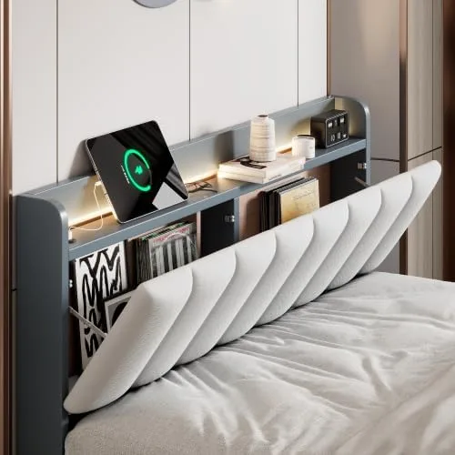 Vista 4 de Moderna base de cama LED de tamaño matrimonial con estación de carga, plataforma de madera con cabecera tapizada de almacenamiento, cama matrimonial