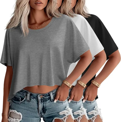 Vista 27 de Huukeay Paquete de 3 camisetas recortadas de gran tamaño para mujer, manga corta, holgadas, cuello redondo, holgadas, para entrenamiento