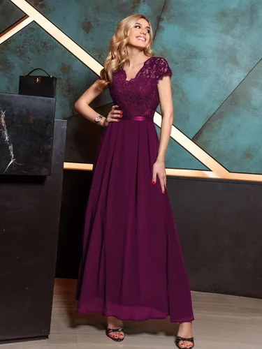 Vista 3 de Miusol Vestido largo formal de dama de honor con cuello en V y encaje floral elegante para mujer