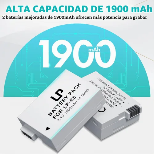 Vista 3 de LP Batería de repuesto E8, paquete de 2 baterías E8 de 1900 mAh para cámara digital Canon EOS Rebel T2i, T3i, T4i, T5i, EOS 550D, EOS 600D, EOS