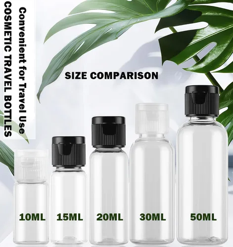 Vista 8 de 30 botellas de muestra de plástico transparente reutilizables vacías de 0.5 fl oz 0.51 oz con tapa abatible negra, frasco de viaje, recipiente