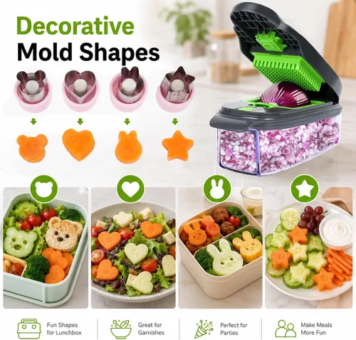 Vista 3 de Picador de verduras 13 en 1 Picador de cebolla · Picador de verduras con recipiente · Picador de ensalada · Cortador de patatas – Regalo
