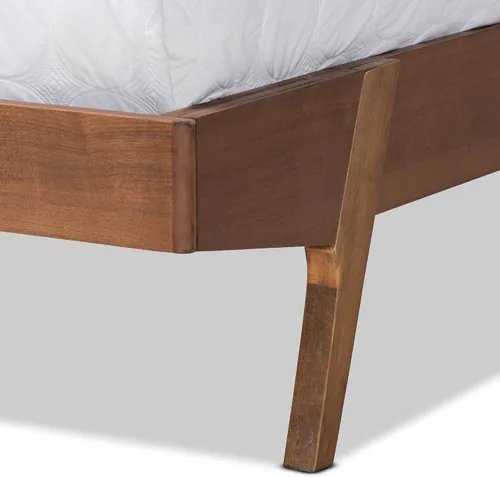 Vista 7 de Baxton Studio Senna Mid-Century - Cama de plataforma tapizada de tela beige moderna y acabado marrón nogal, tamaño Queen