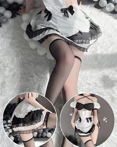 Vista 6 de Mobbunny Disfraz de sirvienta para cosplay, vestido de sirvienta con volantes y medias