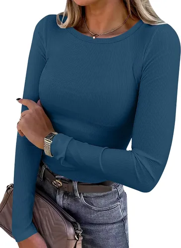 Vista 35 de ANRABESS - Camisetas de manga larga para mujer, de punto acanalado, ajustadas, básicas, 2025, informales, para usar a capas o debajo del uniforme