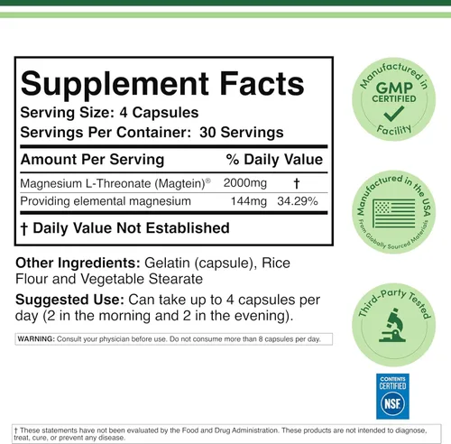 Vista 5 de Cápsulas de magnesio L threonate, suplemento de alta absorción, forma biodisponible, 0.7 oz, 100 cápsulas