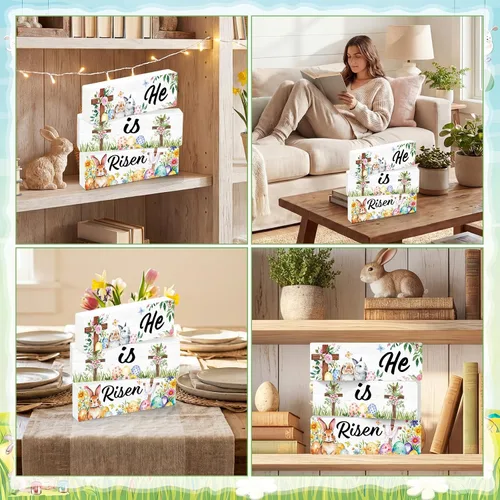 Vista 7 de Qunclay Juego de 3 letreros de mesa de madera con texto en inglés "He is Risen" para decoración de mesa de madera de Pascua, centro de mesa