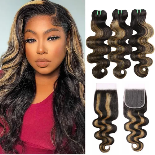 Vista 15 de Paquetes de Cabello Humano 13A Doble Extraído FB/27 Ondas del Cuerpo Color Rubio con Mechas, Rubio Miel con Negro Paquete Individual Cabello Humano