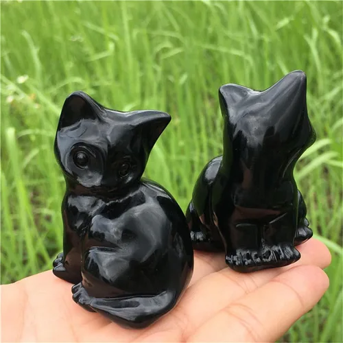 Vista 4 de Figura de gato de obsidiana negra de 2.2 pulgadas, diseño de gato negro, decoración del hogar, piedra natural, estatua de animal, cristales
