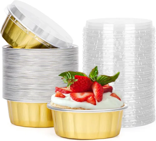 Vista 21 de Beasea Disposable Ramekins with Lids, 50 Pack 8oz 235ml Aluminum Foil Baking Cups with Lids, Aluminum Creme Brulee Ramekins Muffin Cupcake Pudding