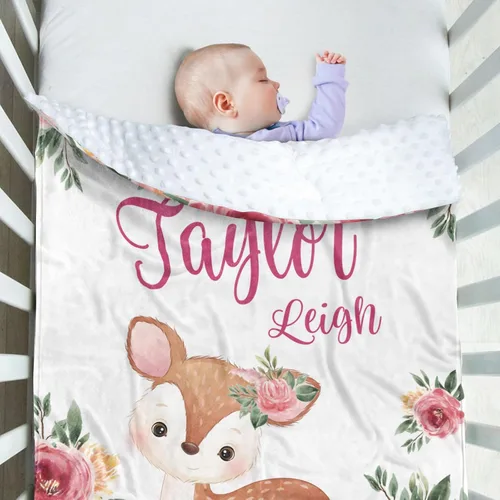 Vista 3 de Manta de bebé personalizada, manta de felpa suave con respaldo de puntos de doble capa para niños y niñas, nombre personalizado con diseño de animal