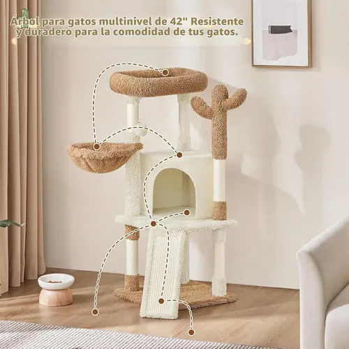 Vista 6 de Yaheetech - Torre de árbol de cactus beige de 42 pulgadas con postes rascadores y condominio