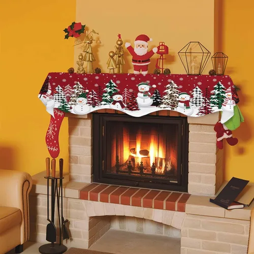 Vista 8 de Bufanda de chimenea de muñeco de nieve de Navidad, diseño de árboles de Navidad rojos, copos de nieve de invierno, bufandas para chimenea, estante
