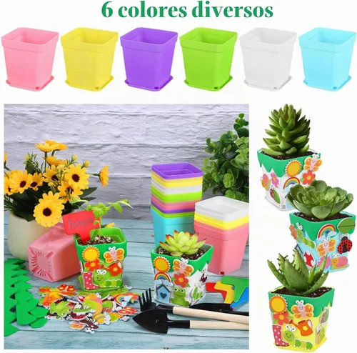 Vista 4 de Elcoho Juego de 36 macetas de plástico para jardín, kit de manualidades de primavera para niños, macetas con 150 calcomanías de espuma, 36