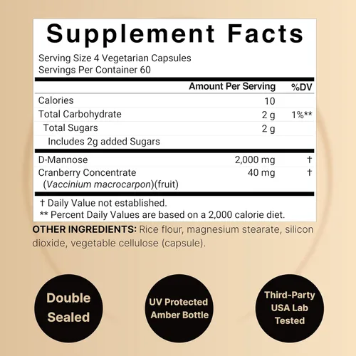 Vista 2 de NatureBell Cápsulas de D-manosa de 500 mg (2,000 mg por porción) 240 cápsulas vegetales + concentrado de arándano de 40 mg – Pastillas de acción