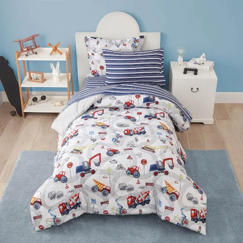 Vista 15 de PPOLCA Juego de edredón de dinosaurio azul tamaño individual para niños, ropa de cama de 5 piezas con sábanas y funda de almohada, súper suave