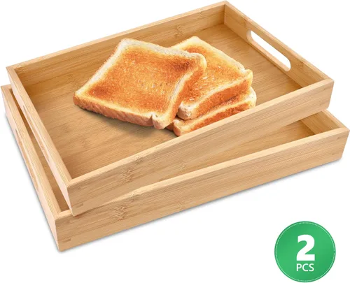 Vista 8 de Bandejas de bambú para comer en el sofá, platos de fiesta para servir alimentos, bandeja decorativa para encimera de cocina rectangular