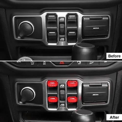 Vista 2 de CheroCar Cubierta de botón para interruptor de ventana Jeep JL, accesorios interiores para Jeep Wrangler JL JLU Gladiator JT 2018-2021 (rojo)
