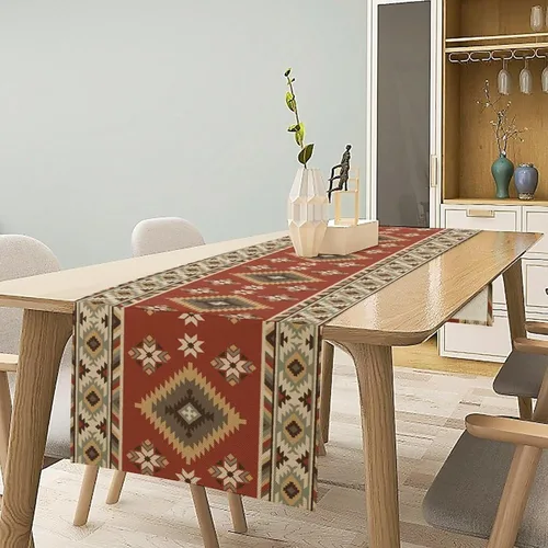 Vista 28 de Camino de mesa étnico del suroeste, navajo tribal nativo americano, bohemio, patrón geométrico azteca, camino de mesa para cocina, mesa de comedor