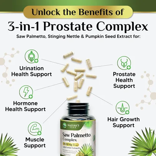 Vista 5 de Saw Palmetto - Suplementos de salud para próstata para hombres, 1000 mg, 3 veces más fuerza con semillas de calabaza, bloqueador de DHT, salud
