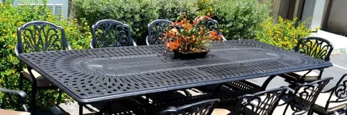 Vista 3 de Santa Clara - Mesa de comedor rectangular extensible de aluminio fundido con recubrimiento de polvo de 132 pulgadas, bronce antiguo