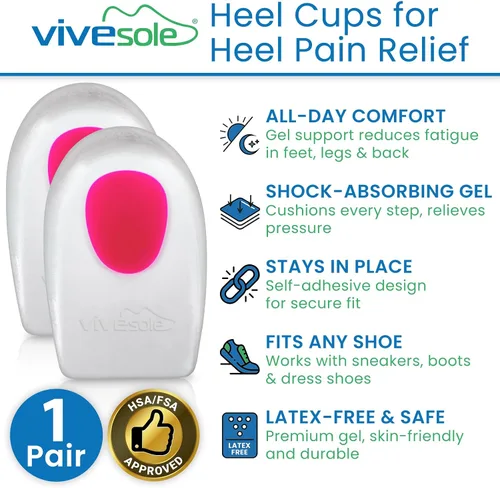 Vista 2 de ViveSole Taloneras de gel para dolor, fascitis plantar (par) – Almohadillas de silicona para alivio, espolones de talón, zapatos, tratamiento