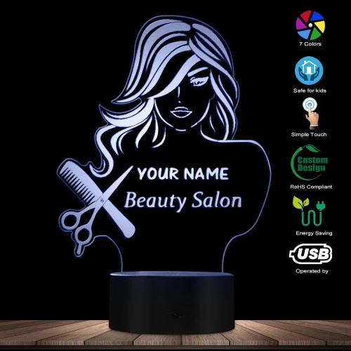 Vista 4 de The Geeky Days Salón de belleza 3D LED noche luz peluquería peluquería tijeras peine mesa escritorio lámpara nombre personalizado diseño moderno