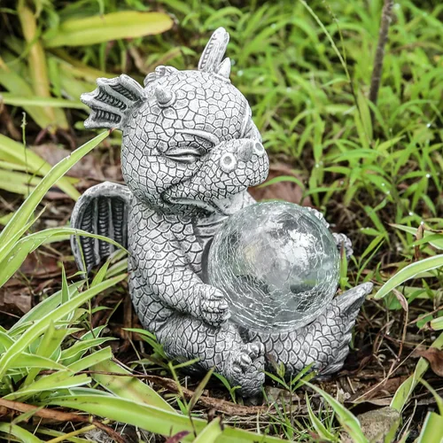 Vista 8 de Estatua de Dragón de Jardín con Energía Solar Figura Luminosa para Exteriores Decoración Linda que Sostiene Bola de Cristal Brillante Escultura