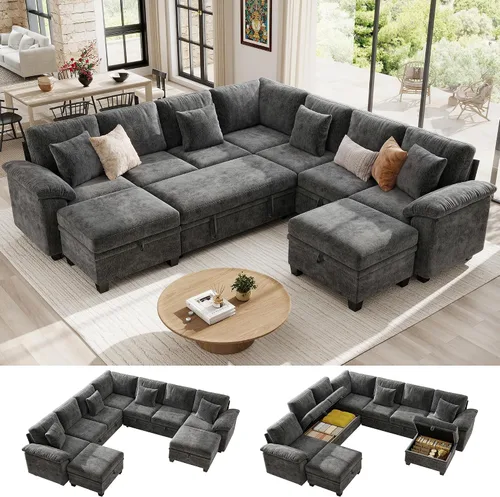 Vista 15 de Ihanherry Sofá modular de 86 pulgadas con cama extraíble, sofá cama modular en forma de L de 4 plazas con otomana de almacenamiento, sofás Verde