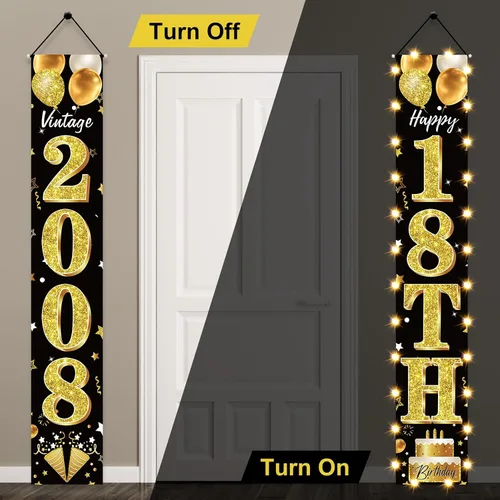 Vista 5 de Cartel de fiesta de cumpleaños número 18 con luces LED para hombres y mujeres - Carteles de puerta de cumpleaños número 18 en negro y dorado vintage
