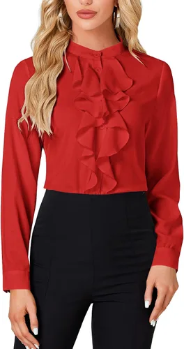 Vista 8 de LYANER - Blusa de cuello alto con botones, volantes en el frente, manga larga, camisa de trabajo para mujer