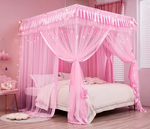 Vista 19 de Mengersi Cortina para Dosel de Cama Princesa, con 4 Esquinas, Dosel con Mosquitero para Cama de Princesa (Blanco, Doble)