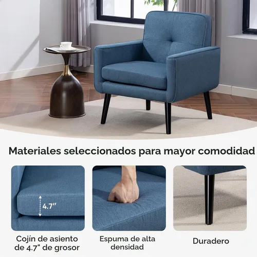 Vista 9 de Silla Accent de mediados de siglo, silla moderna de tela con estructura de madera, sillón acogedor para lectura con respaldo cómodo