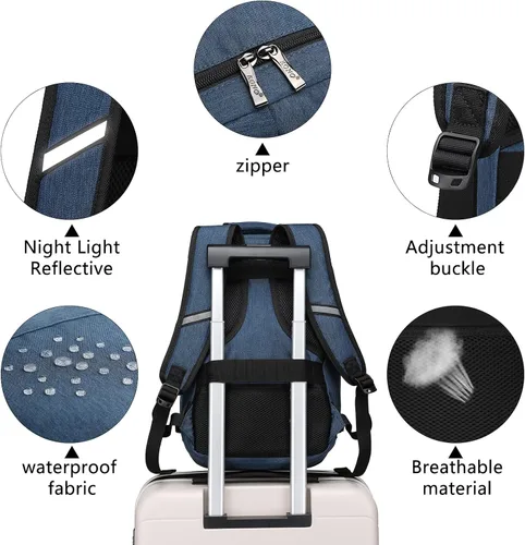 Vista 5 de Kono Mochila de transporte, mochila de viaje aprobada por aerolíneas, mochila impermeable debajo del asiento para vuelo, marino, Mochila casual