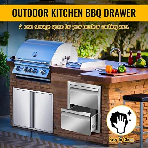 Vista 7 de Cajones de cocina para exteriores, cajones de acceso dobles para barbacoa con mango de acero inoxidable, cajones de isla para cocinas al aire libre