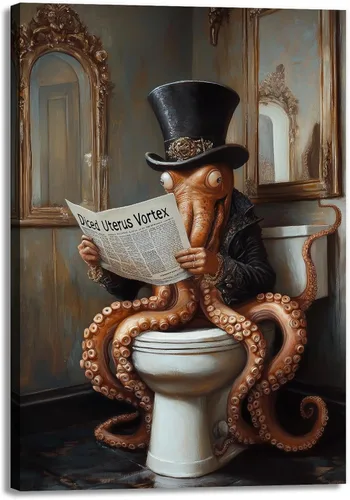 Vista 40 de GLOKAKA Lienzo decorativo para baño, diseño divertido de alpaca sentado en el inodoro, leyendo periódico, arte de pared, humor, granja, animal, arte