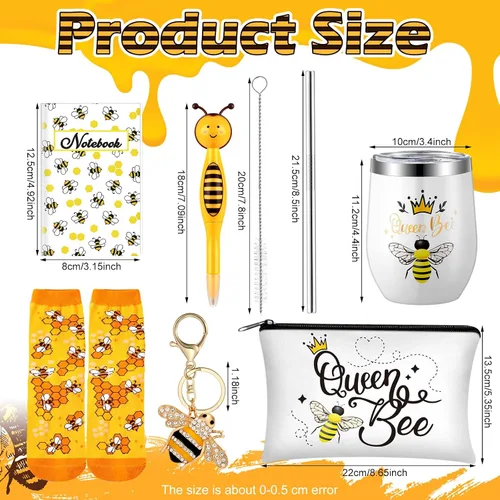 Vista 2 de Panitay Juego de 6 regalos temáticos de abeja para mujer, vaso de acero inoxidable de 12 onzas con popote y calcetines de cepillo, bolsa
