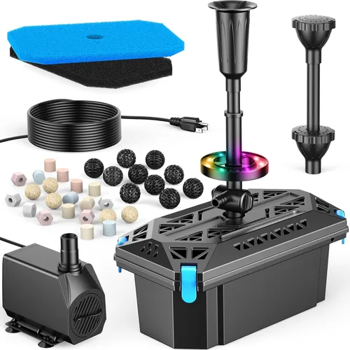 Vista 12 de Antfraer Kit de bomba de fuente solar de 12 W y filtro de estanque, sistema de filtración integrado con 4 boquillas, filtro de estanque de tubo
