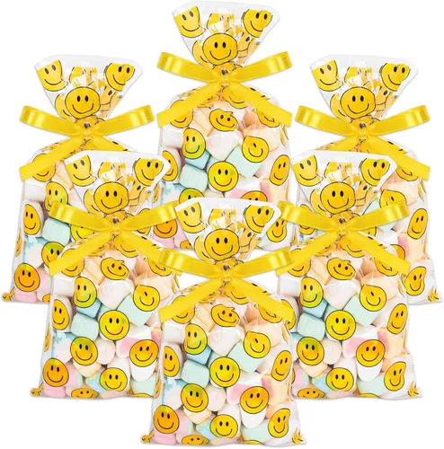 Vista 8 de Whaline 100 bolsas de celofán con patrón de sonrisa rosa con cintas, bolsas de golosinas para celofán con sonrisas, bolsas de golosinas