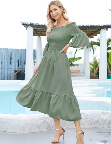 Vista 4 de DRESSTELLS Women Casual Dresses, Summer Smocked Maxi Dresses 2023 Trendy, Off Shoulder Boho Sundress