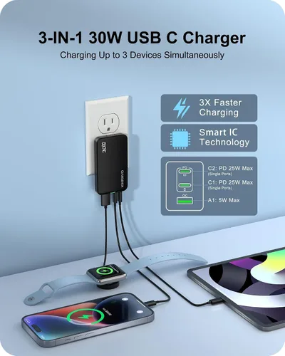 Vista 2 de Cargador de pared USB plano, 3 puertos ultra delgado cargador de pared rápido para Pixelbook, iPad Pro, iPhone 17/16/15/14 negro