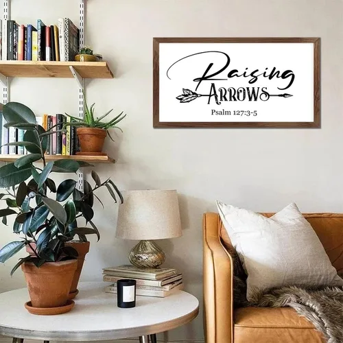 Vista 4 de Letrero artístico de madera de 12 x 22 pulgadas con cita motivacional con flechas de elevación, versículo bíblico, marco de madera de albaricoque