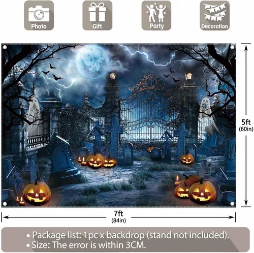 Vista 3 de Fondo de fotografía de cementerio embrujado de Halloween de 7 x 5 pies, farol de calabaza, espeluznante noche y luna, decoración de fiesta fantasma