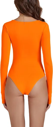 Vista 2 de LYANER Body elástico de manga larga con cuello redondo para mujer, con agujeros para los pulgares